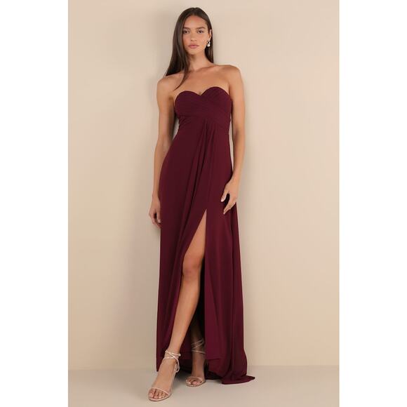 NWT Lulus Splendid Aura Plum Purple Chiffon Pleated Strapless Maxi Dress Size S - Picture 1 of 9